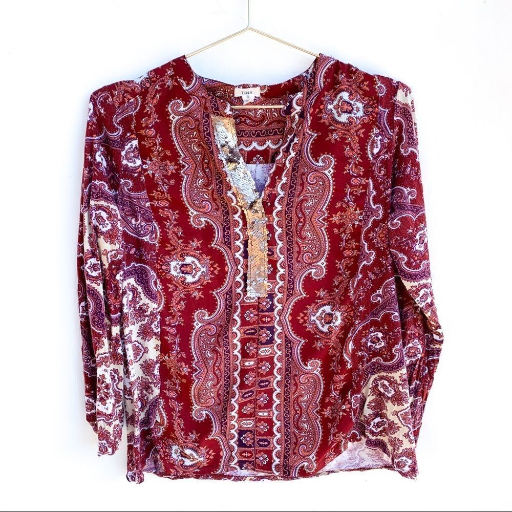 Tiny Maroon Paisley Print Gold Sequin Blouse Top
